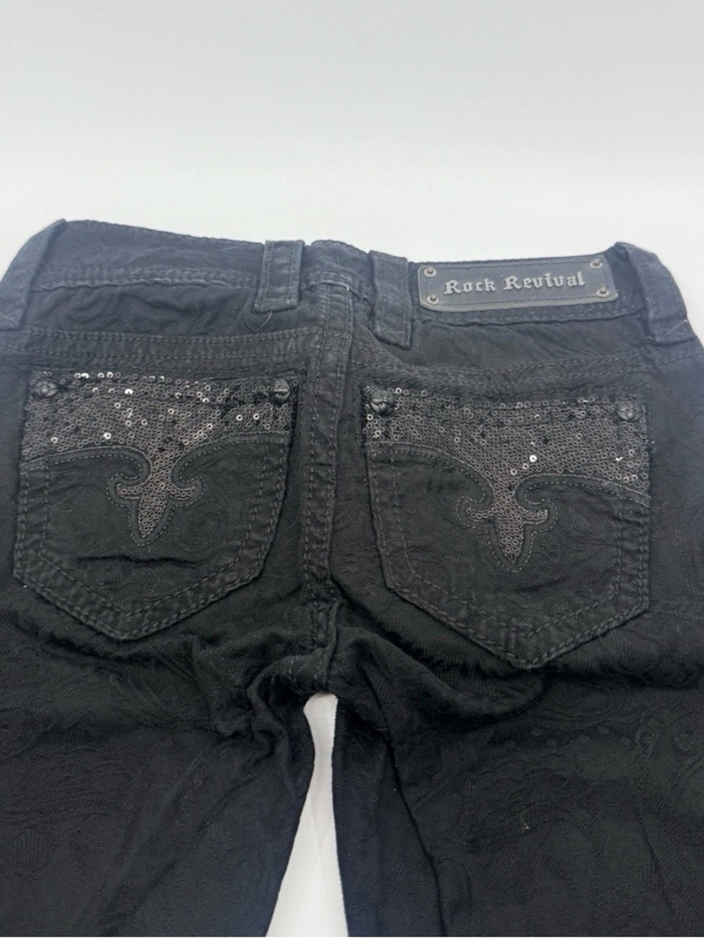 Rock Revival Black Paisley Print Size 24 Skinny Jeans Low Rise Sequin Pockets - Picture 7 of 9